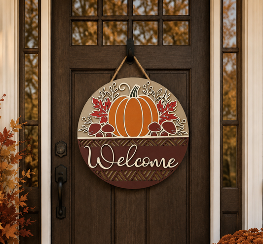 Fall Door Hanger - Welcome (Pumpkin & Mushrooms)