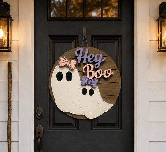 Halloween Door Hanger - Hey Boo (Ghost with Bow)